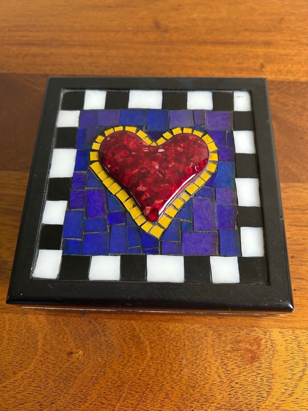 Handmade Mosaic Jewelry Trinket Box with Red Glass Heart, Stained Glass Beaded